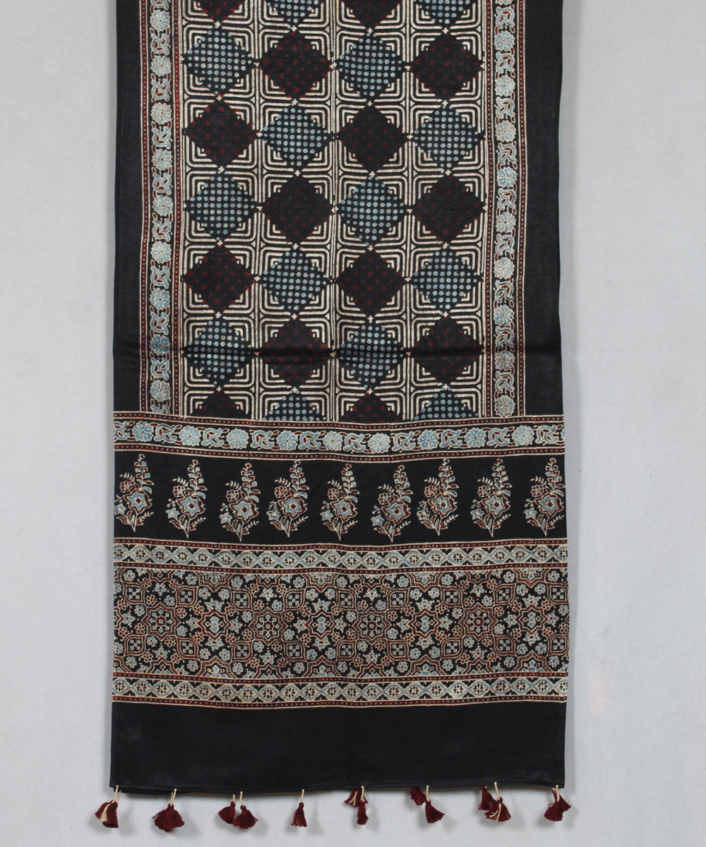 Black multicolor hand block printed mashru silk ajrakh stole