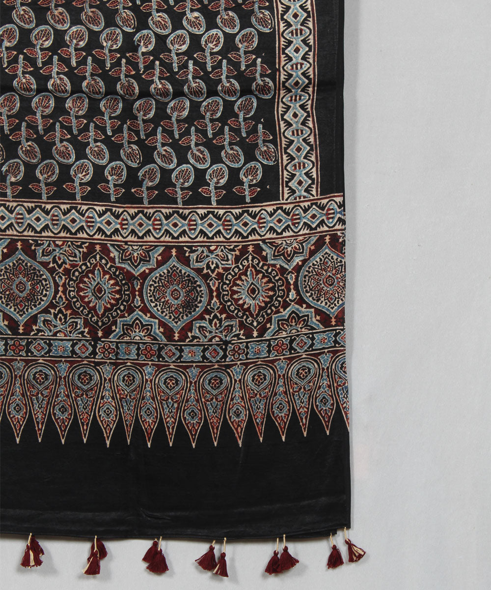 Floral black multicolor hand block printed mashru silk ajrakh stole