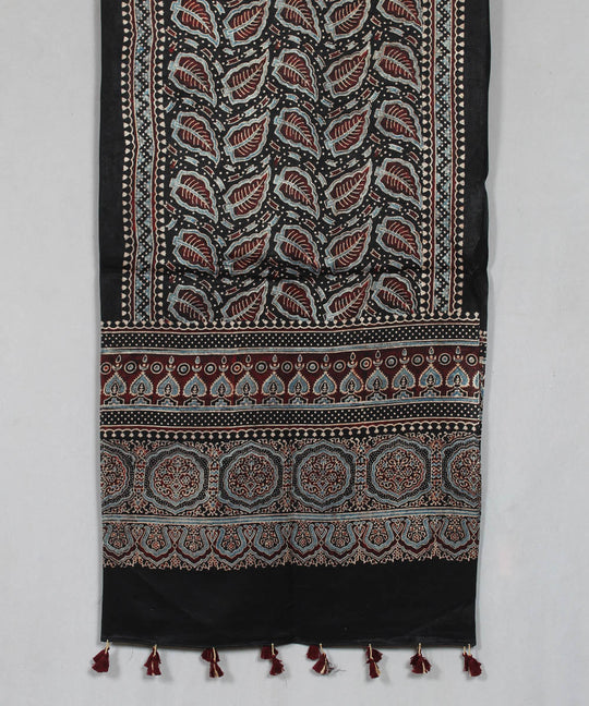 Black maroon multicolor hand block printed mashru silk ajrakh stole