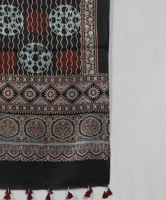 Black and multicolor hand block printed mashru silk ajrakh stole