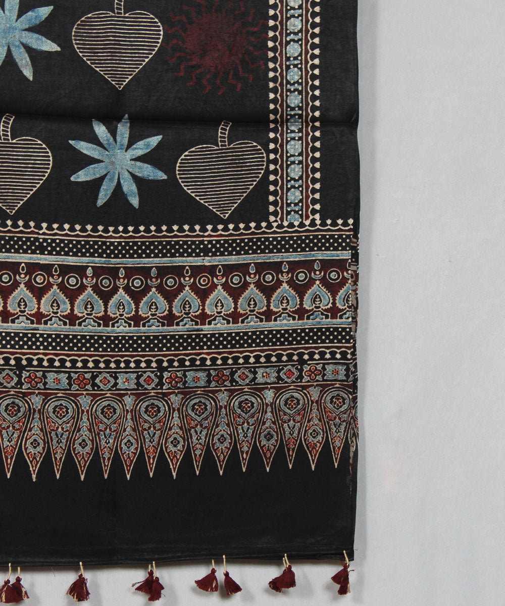 Black floral multicolor hand block printed mashru silk ajrakh stole