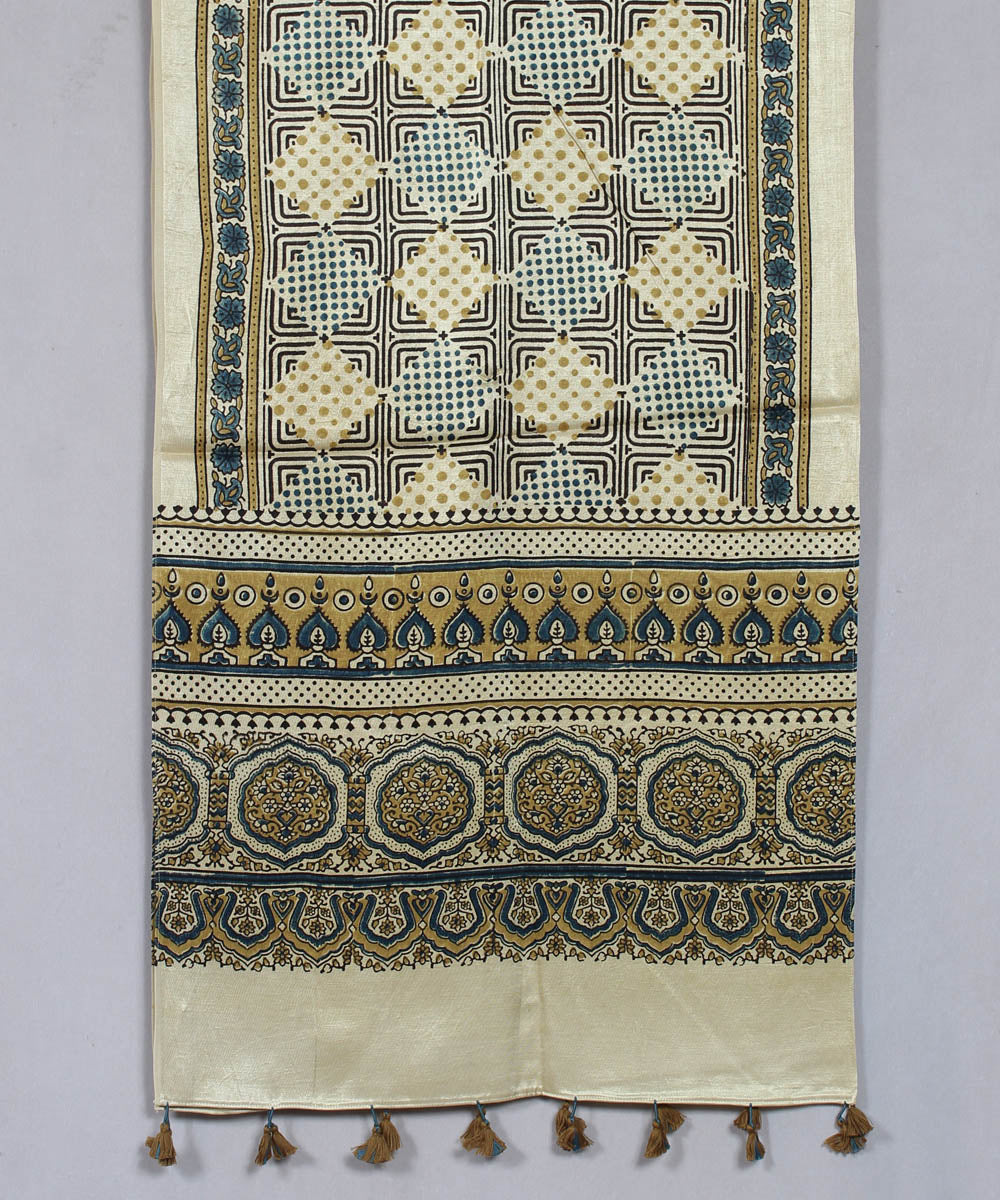 Geometric beige multicolor hand block printed mashru silk ajrakh stole
