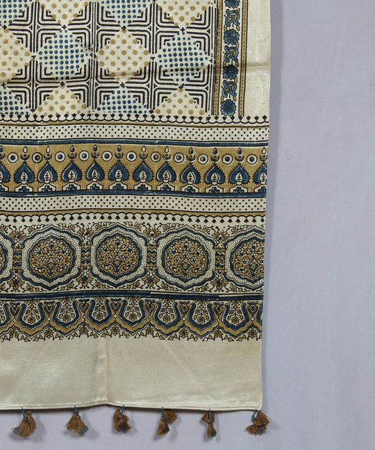 Geometric beige multicolor hand block printed mashru silk ajrakh stole