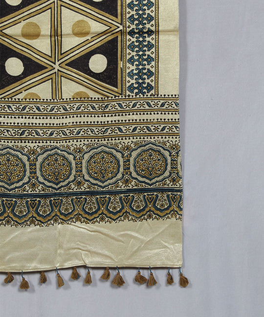 Beige black multicolor hand block printed mashru silk ajrakh stole