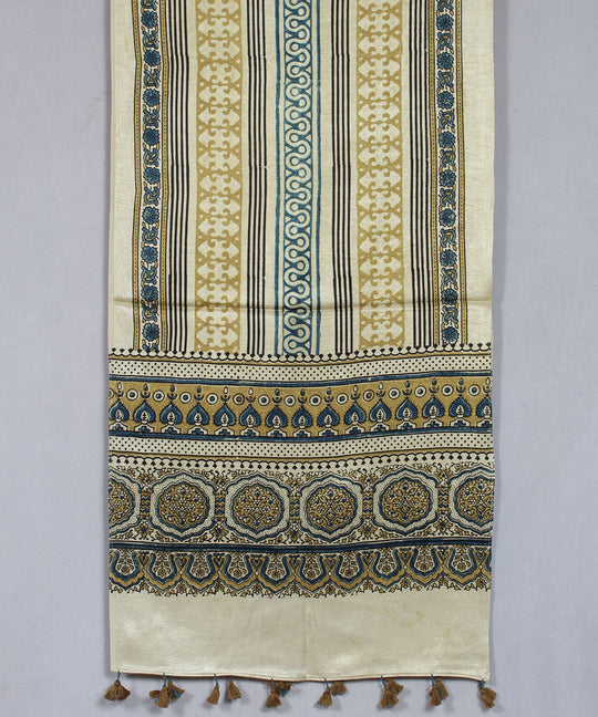 Cream with multicolor hand block printed mashru silk ajrakh stole