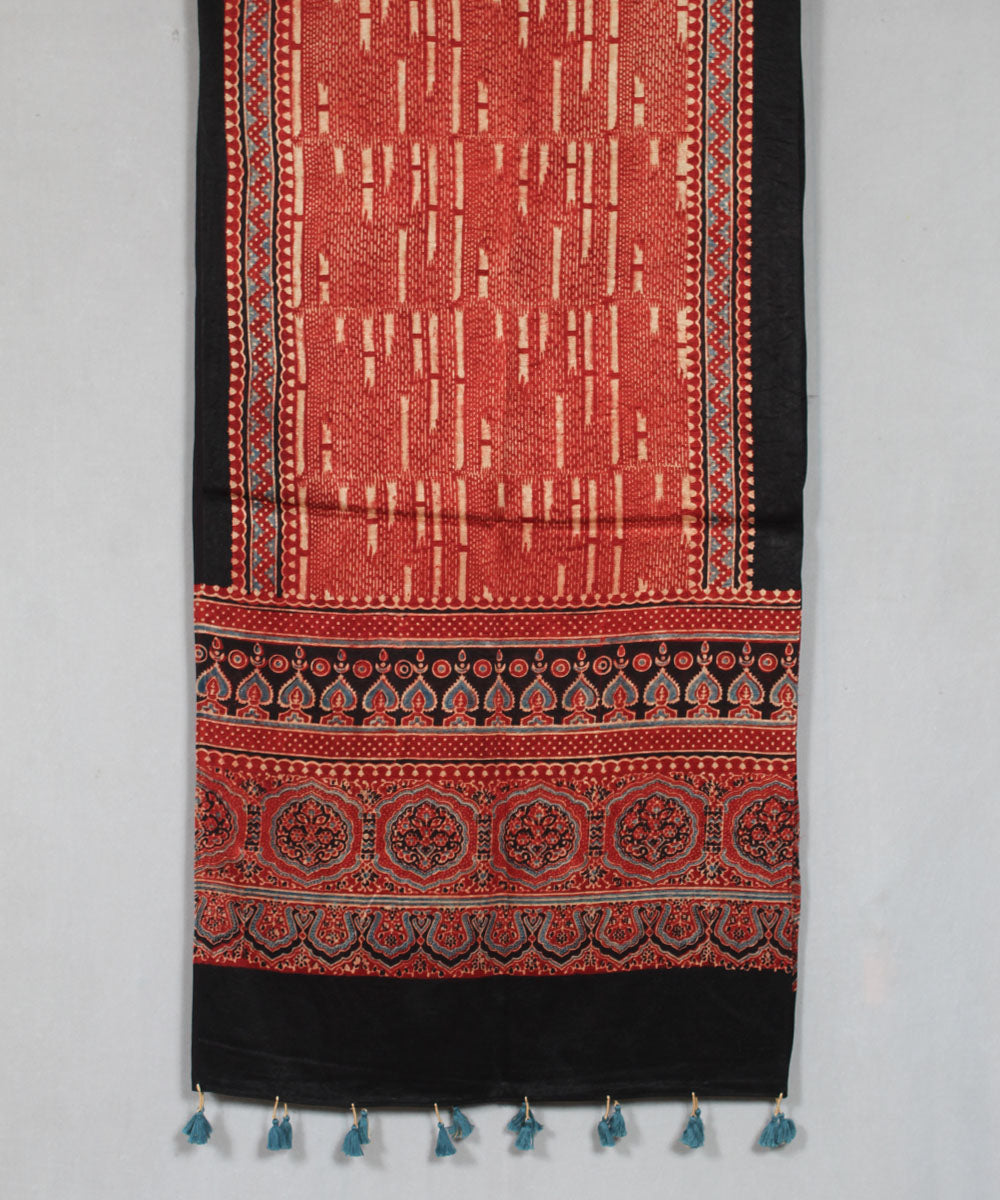 Red multicolor hand block printed mashru silk ajrakh stole