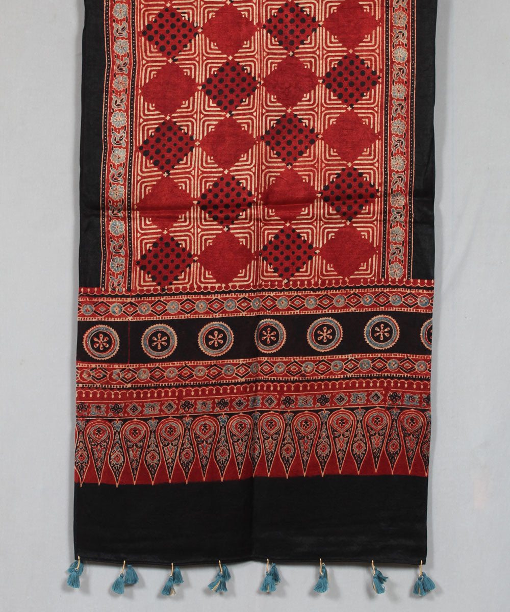 Red black hand block printed mashru silk ajrakh stole