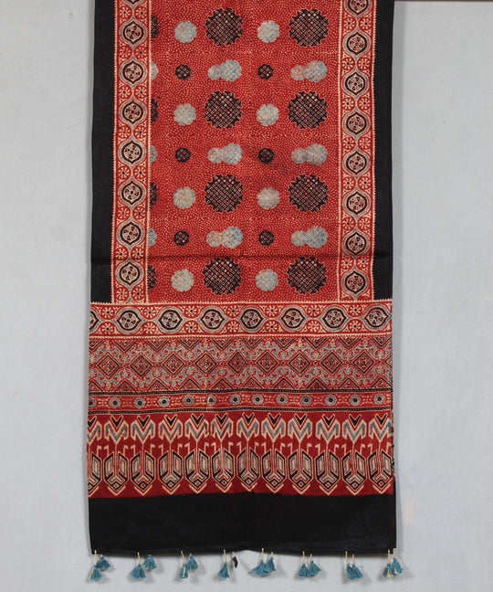 Red hand block printed mashru silk ajrakh stole