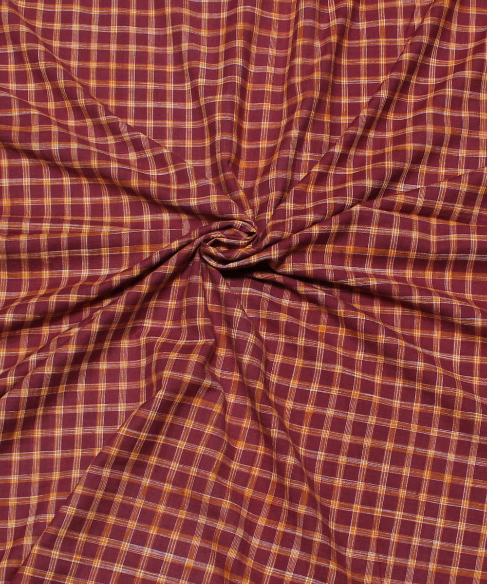 Brown yellow checks handwoven cotton fabric