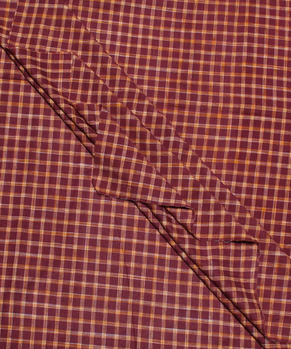 Brown yellow checks handwoven cotton fabric