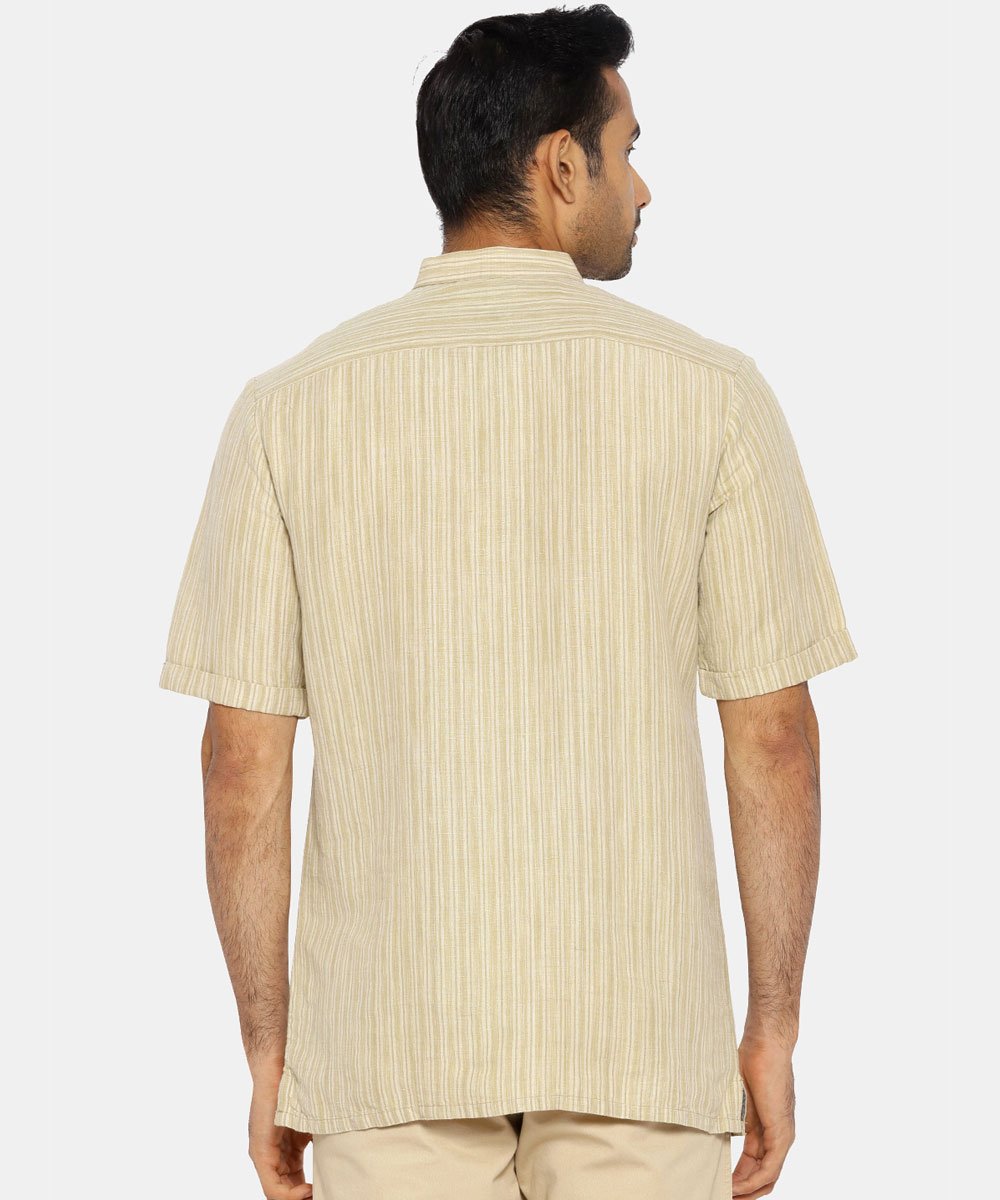 Olive striped mandarin collared short sleeve shirt