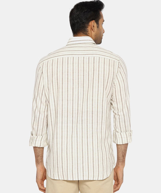 Brown & white striped regular collared shirt