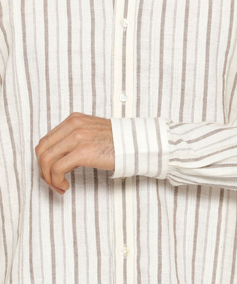 Brown & white striped regular collared shirt