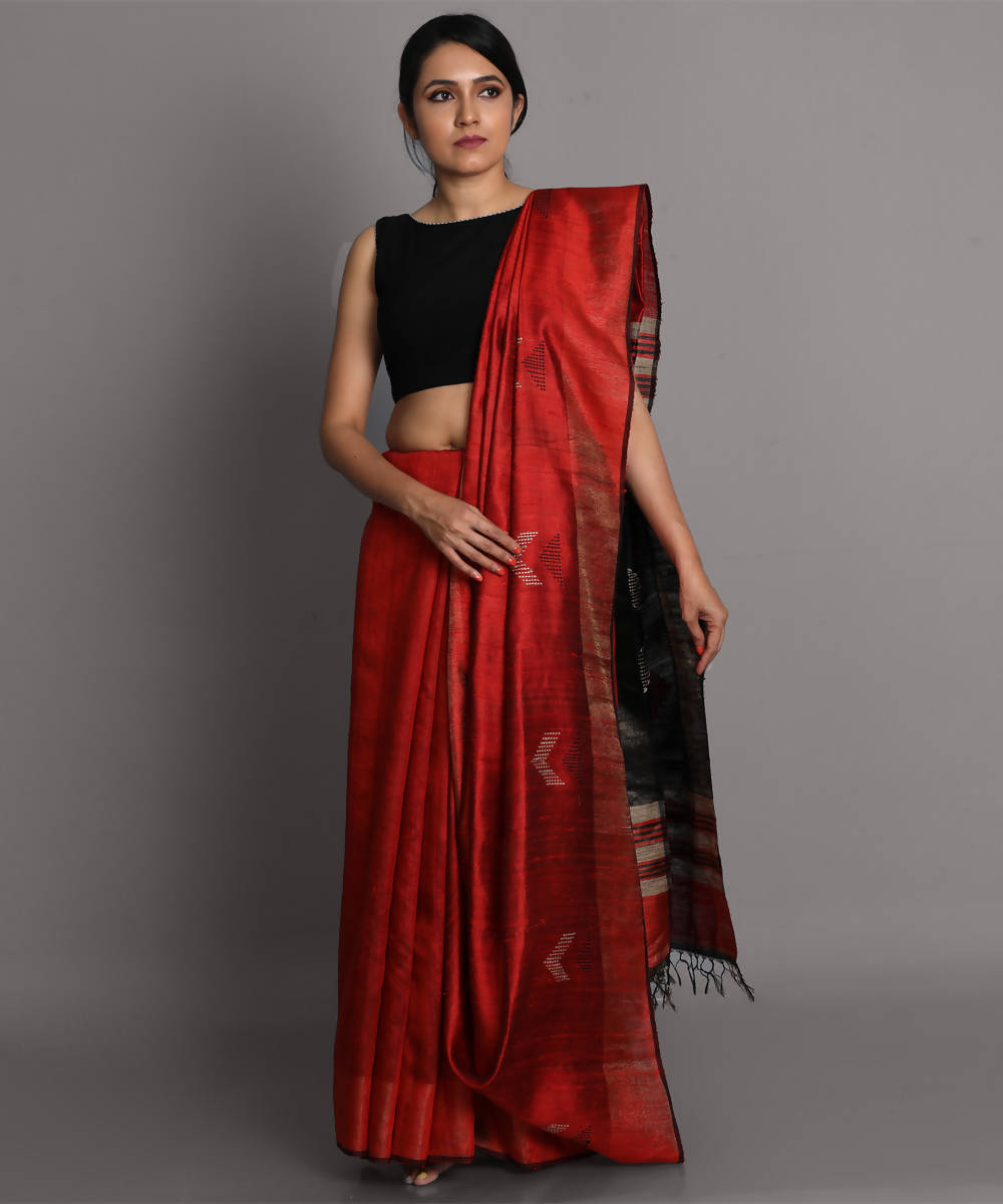 Red maroon handwoven tussar silk saree