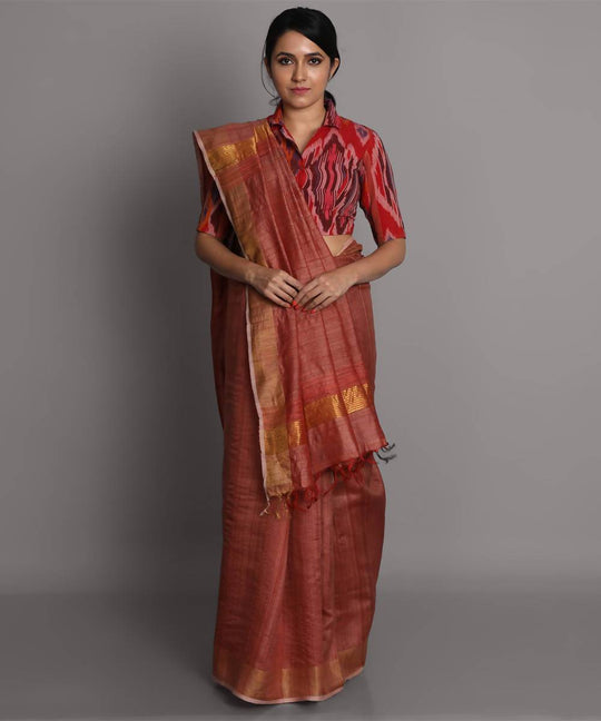 Brown handwoven tussar silk saree