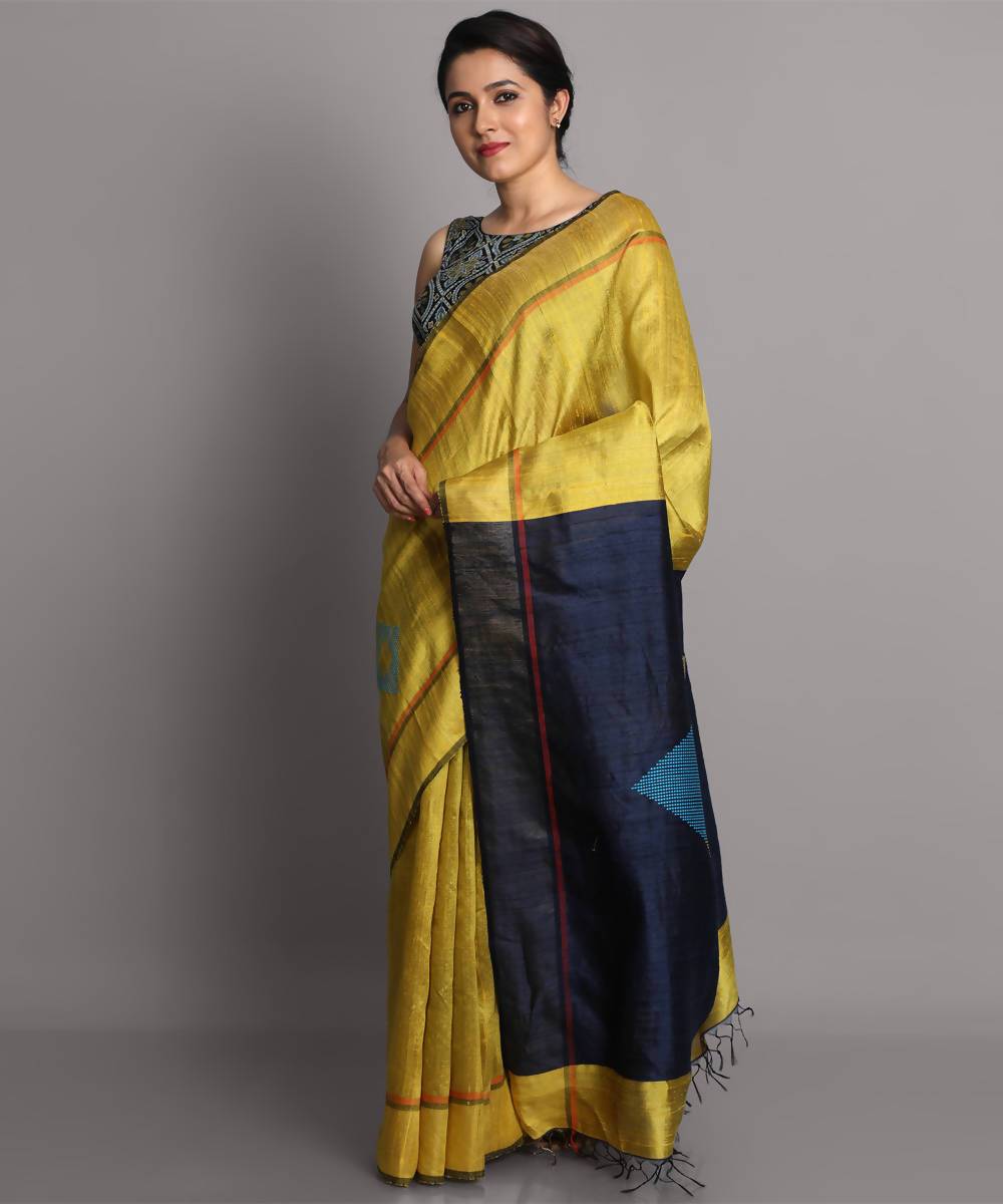 Yellow handwoven tussar silk saree