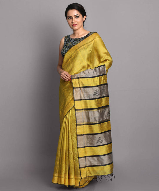 Golden yellow handwoven tussar silk saree