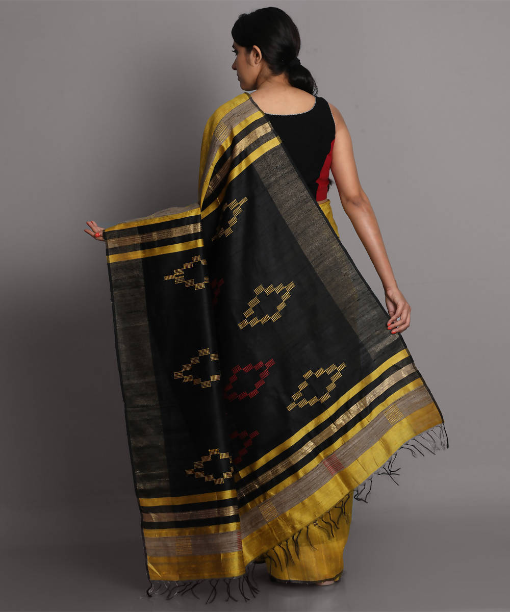 Yellow and black handwoven tussar silk saree