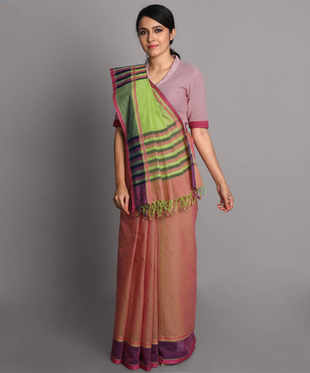 Beige pink cotton handwoven saree