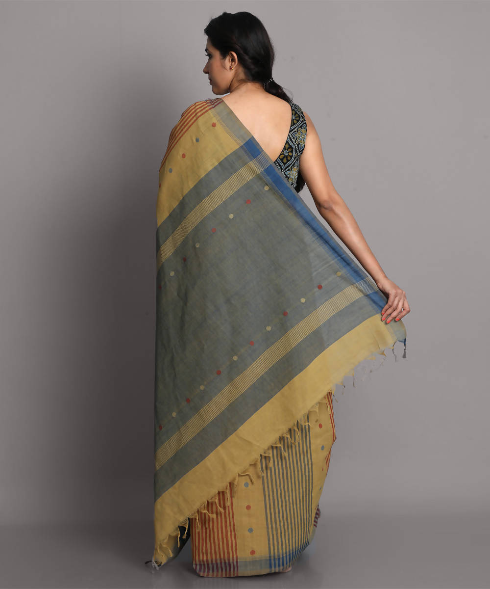 Beige blue jamdani cotton handwoven saree