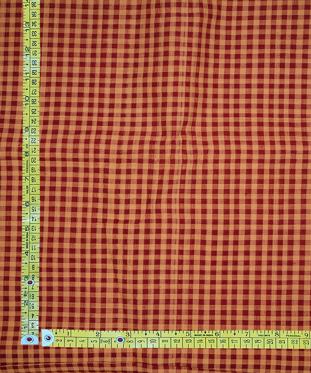 Maroon white hand woven checks cotton mangalgiri fabric