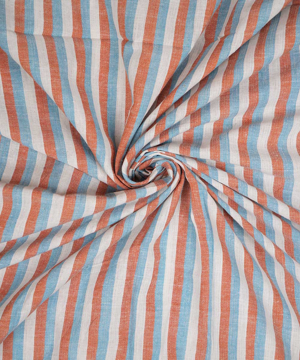 Light brown blue handwoven stripe cotton fabric